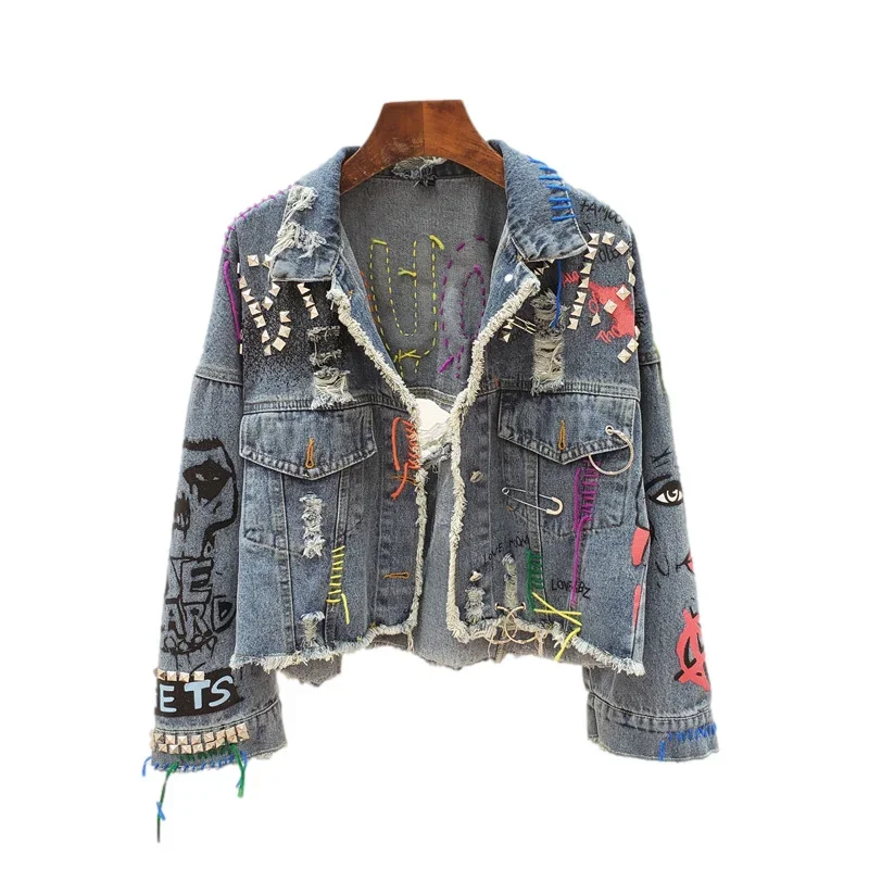 Fashion Holes Graffiti Denim Jacket Coat Women Student Outerwear Streetwear Loose Long Sleeve Short Rivet Jeans Jackets Female
Fashion Holes Graffiti Denim Jacket Coat Women Student Outerwear Streetwear Loose Long Sleeve Short Rivet Jeans Jackets Female