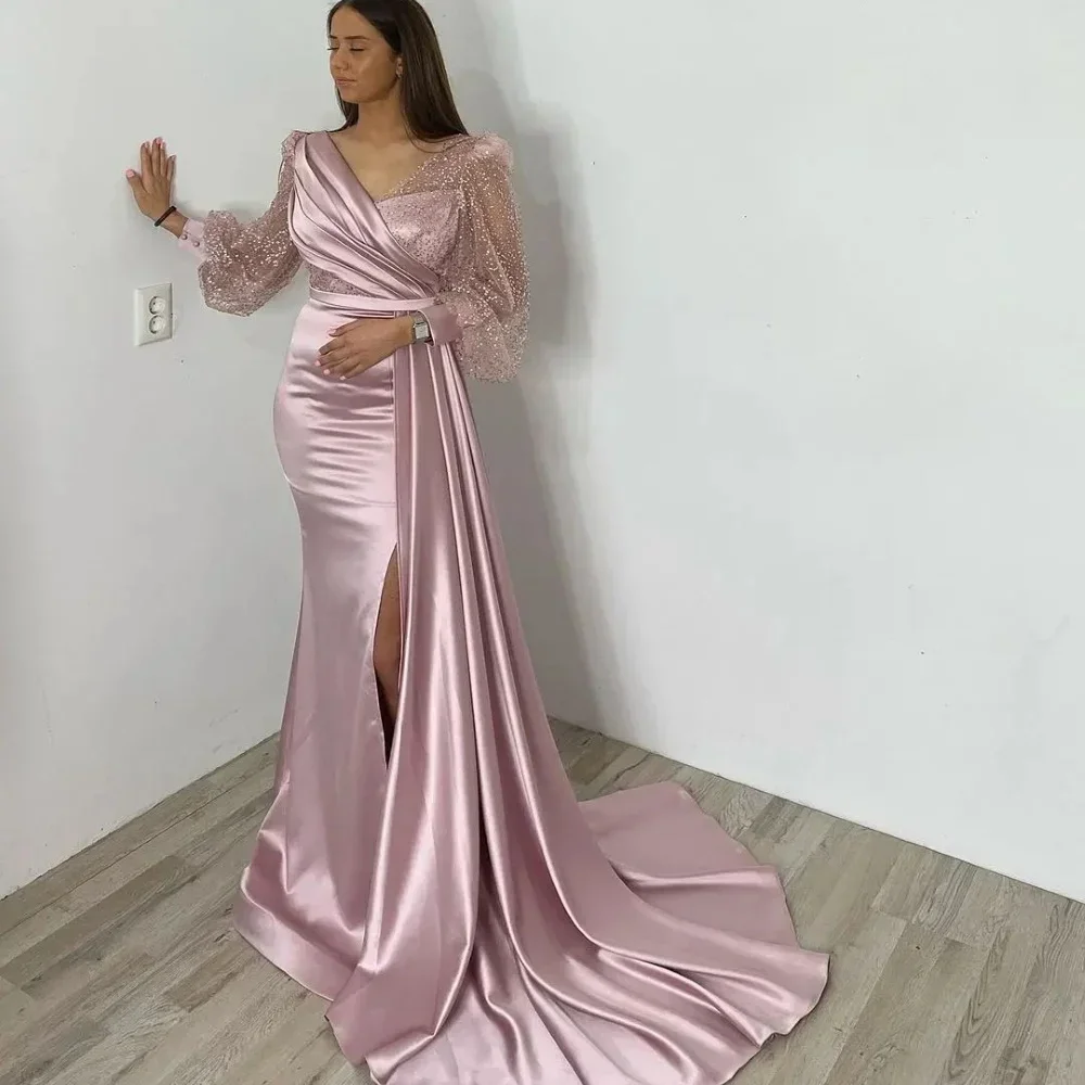 Satin Mermaid Prom Dresses Long Sexy High Split Evening Dress Elegant V-Neck Lace Sequined Saudi Arabia Women's Formal
Satin Mermaid Prom Dresses Long Sexy High Split Evening Dress Elegant V-Neck Lace Sequined Saudi Arabia Women's Formal
