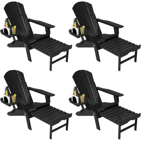 4-Pack Adirondack Chairs with Ottoman, All-Weather HDPE Folding Black