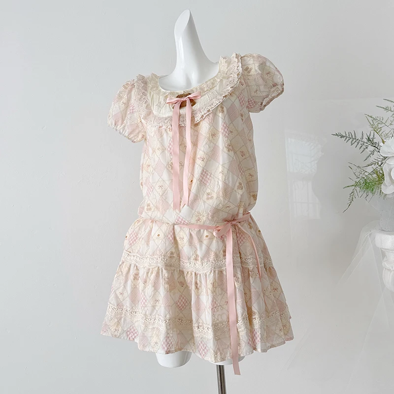 Doll Collar Sweet Pink Dress For Women Summer Short Sleeve Loose Casual Printed Short Dress Female Lace-up Bandage Lace Vestidos
Doll Collar Sweet Pink Dress For Women Summer Short Sleeve Loose Casual Printed Short Dress Female Lace-up Bandage Lace Vestidos