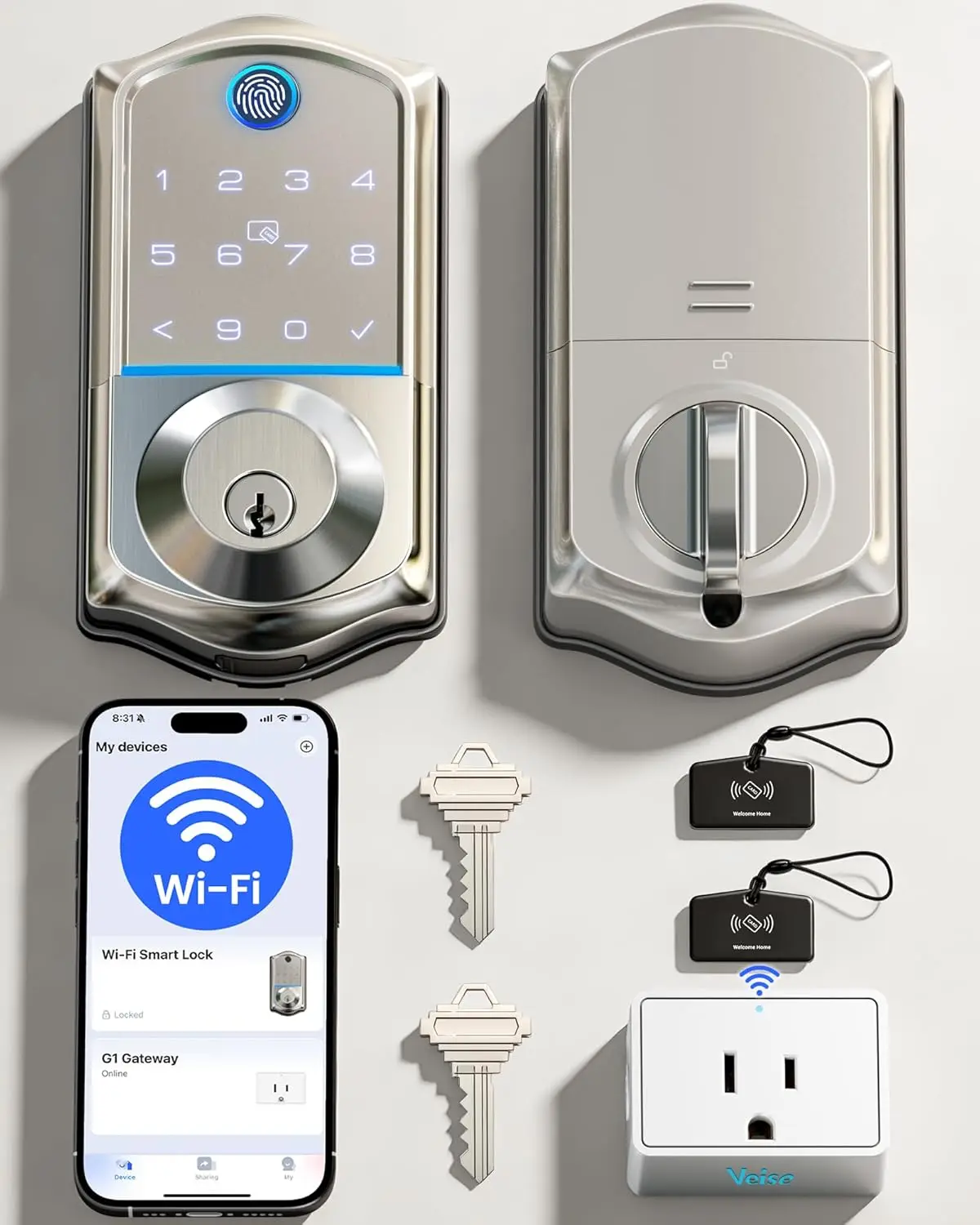 Wi-Fi Smart Door Lock with Fingerprint, Voice Control, Remote App, Auto Lock & Emergency Power Port in Satin Nickel
Wi-Fi Smart Door Lock with Fingerprint, Voice Control, Remote App, Auto Lock & Emergency Power Port in Satin Nickel
