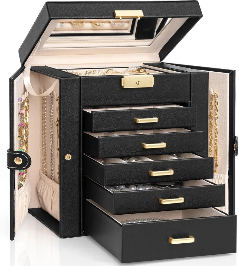 Large 6-Tier Jewelry Box Lockable Leather Jewelry Storage Case with 5 Drawers for Women Girls Ring Necklace Earring
Large 6-Tier Jewelry Box Lockable Leather Jewelry Storage Case with 5 Drawers for Women Girls Ring Necklace Earring