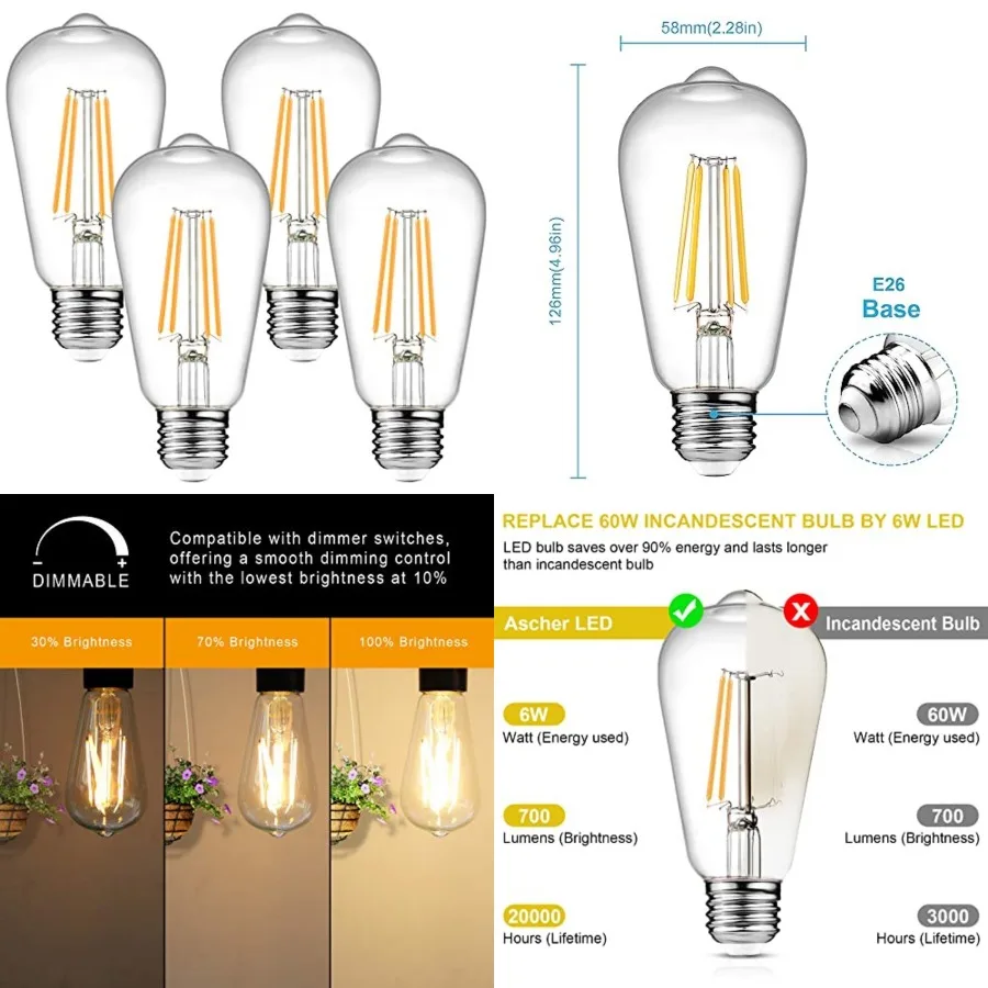 Dimmable Vintage LED Edison Bulbs, 6W, Equivalent 60W, 700 Lumens, 80+ CRI, 2700K, ST58 Antique LED Filament Bulbs, E26 Medium
Dimmable Vintage LED Edison Bulbs, 6W, Equivalent 60W, 700 Lumens, 80+ CRI, 2700K, ST58 Antique LED Filament Bulbs, E26 Medium