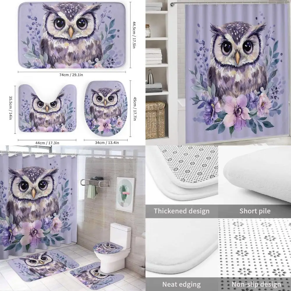 Modern Owl & Flower Bathroom Decor Set: Waterproof Shower Curtain with Rugs and Toilet Lid Cover
Modern Owl & Flower Bathroom Decor Set: Waterproof Shower Curtain with Rugs and Toilet Lid Cover