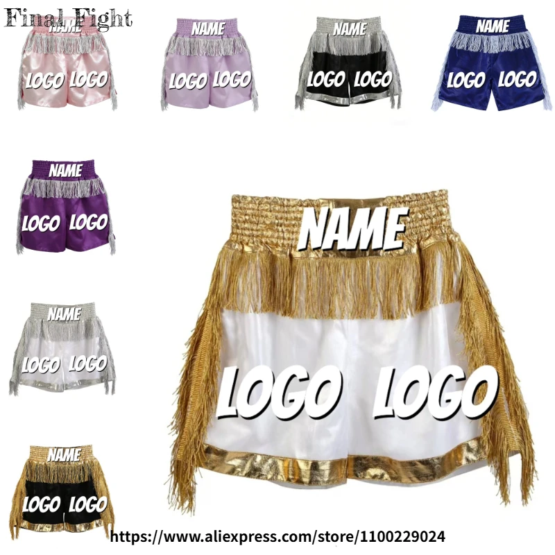 Custom Logo Muay Thai Training Shorts Tassel Kickboxing Trunks Personalized Gym Logo Boxing Fight Shorts for Mens Womens Child
Custom Logo Muay Thai Training Shorts Tassel Kickboxing Trunks Personalized Gym Logo Boxing Fight Shorts for Mens Womens Child