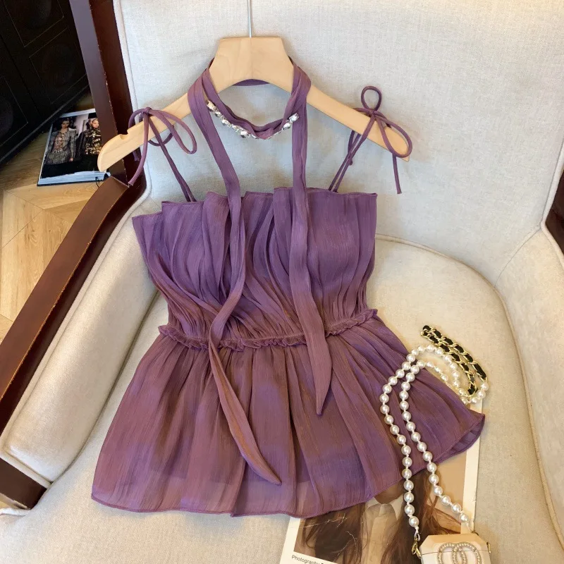 Spring and Summer 2026 Solid Color Diamond-encrusted Neck Sling Vest Women's Streamer Shirt Spice Girl Waist Skirt Chiffon Top
Spring and Summer 2026 Solid Color Diamond-encrusted Neck Sling Vest Women's Streamer Shirt Spice Girl Waist Skirt Chiffon Top