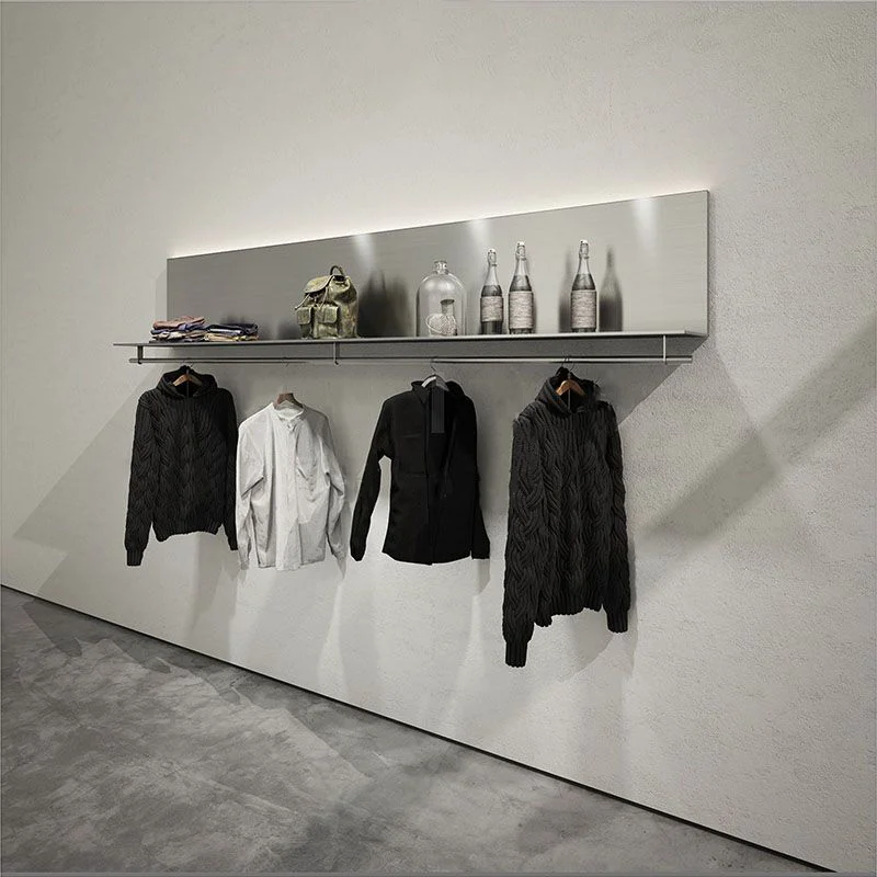Silver Iron Wall Mounted Garment Rack, Modern Minimalist Display Shelf for Clothing Stores, Versatile Hanger &Boutique Organizer
Silver Iron Wall Mounted Garment Rack, Modern Minimalist Display Shelf for Clothing Stores, Versatile Hanger &Boutique Organizer