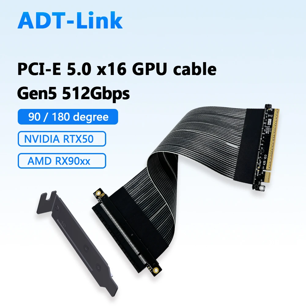 ADT-Link PCIe 5.0 X16 Extension Cable 512Gbps Gen5 Adapter Riser 90 180 Degree GPU for PC Case NVIDIA RTX50 AMD RX90 5~100cm