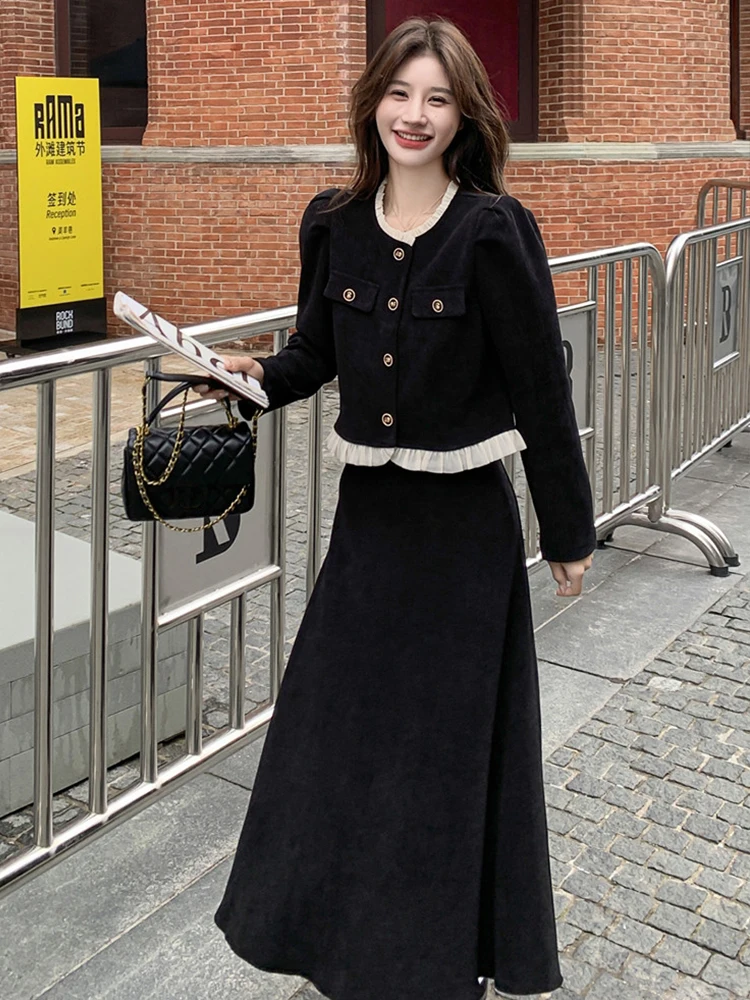 Женская одежда Ретро Черный вельветовый комплект из 2-х предметов Пальто с пышными рукавами Куртка Верхняя одежда и длинная юбка трапециевидной формы Комплект Милая мода Осень 
Женская одежда Ретро Черный вельветовый комплект из 2-х предметов Пальто с пышными рукавами Куртка Верхняя одежда и длинная юбка трапециевидной формы Комплект Милая мода Осень