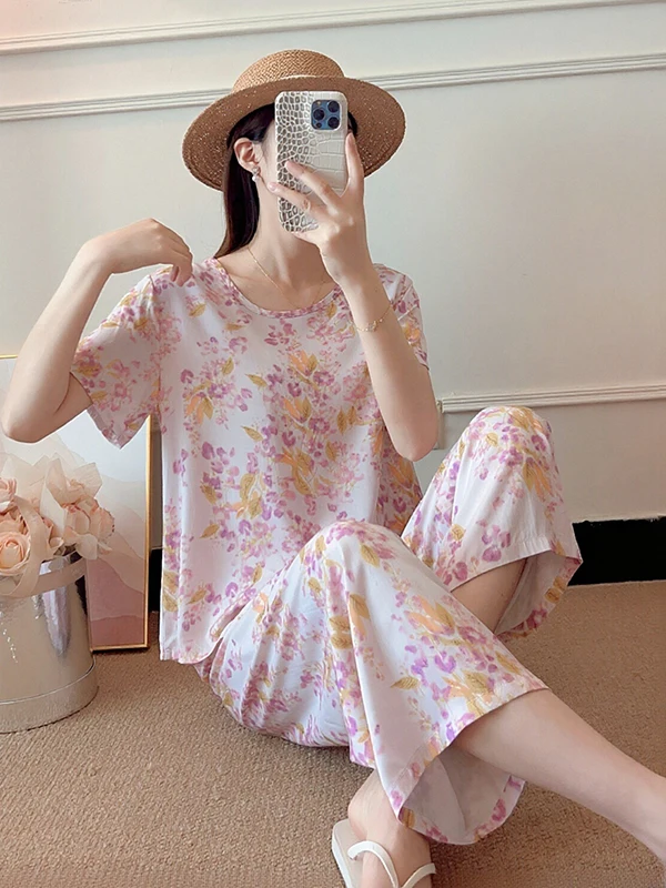 Summer Thin Artificial Cotton Short Sleeve Wide Leg Pants Women's Sleepwear Set Large Size Loose Fit round Neck Home Clothes
Summer Thin Artificial Cotton Short Sleeve Wide Leg Pants Women's Sleepwear Set Large Size Loose Fit round Neck Home Clothes