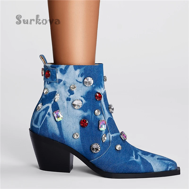 Denim Diamond Ankle Boots Pointed Toe Chunky High Heels Ladies Western Cowboy Boots Fashion Crystal Catwalk Banquet Party Shoes
Denim Diamond Ankle Boots Pointed Toe Chunky High Heels Ladies Western Cowboy Boots Fashion Crystal Catwalk Banquet Party Shoes