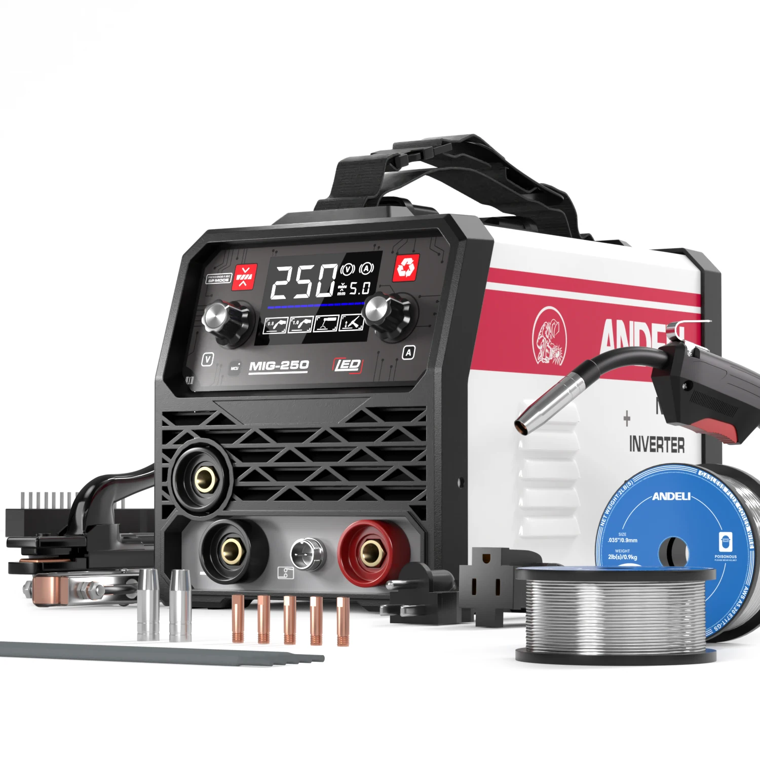 ANDELI MIG-250ME LED 110V/220V IGBT Inverter Welder Flux MIG/Lift Tig/Stick 3-In-1 Multiprocess Welder MIG Welding Machine
ANDELI MIG-250ME LED 110V/220V IGBT Inverter Welder Flux MIG/Lift Tig/Stick 3-In-1 Multiprocess Welder MIG Welding Machine