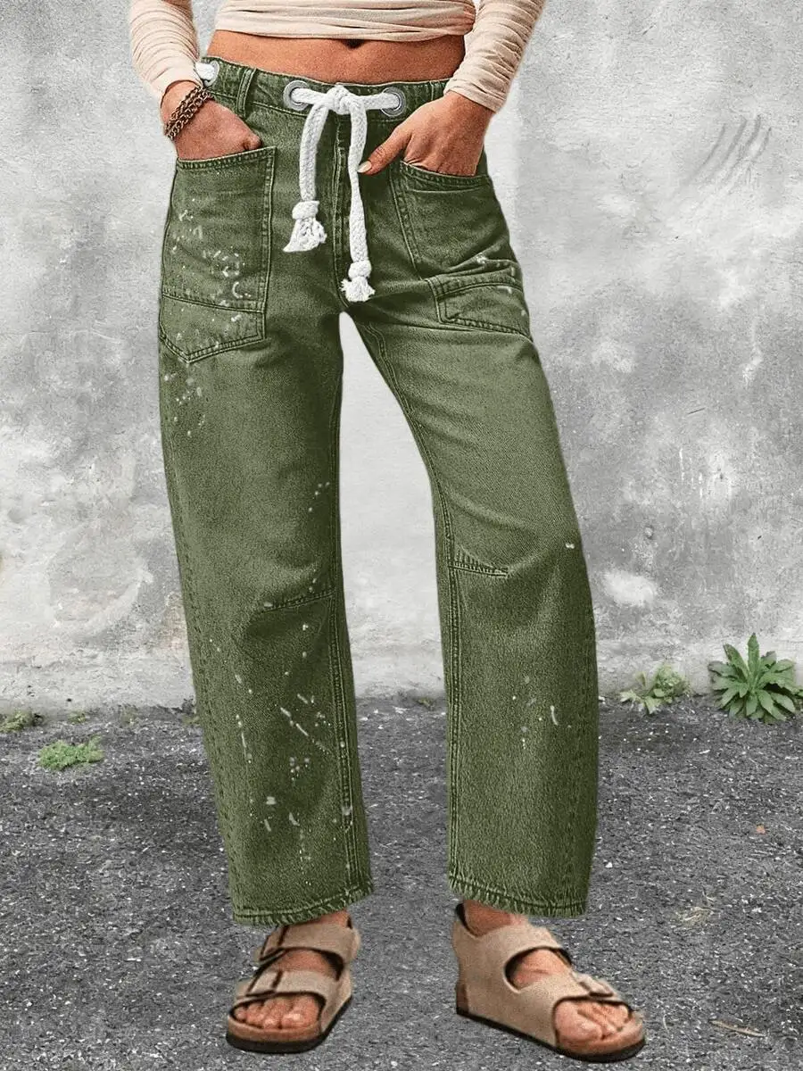 Womens Vintage Baggy Barrel Leg Denim Jeans With Drawstring Waist And Paint Splatter Detail
Womens Vintage Baggy Barrel Leg Denim Jeans With Drawstring Waist And Paint Splatter Detail