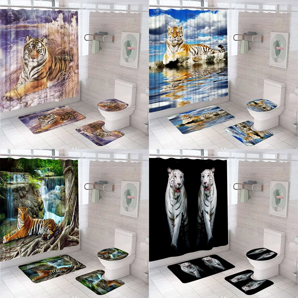 4Pcs Tiger Shower Curtain Set Wild Animal Polyester Bathtub Curtains Lid Toilet Cover Bath Mat Rug with Hooks Bathroom Accessory
4Pcs Tiger Shower Curtain Set Wild Animal Polyester Bathtub Curtains Lid Toilet Cover Bath Mat Rug with Hooks Bathroom Accessory