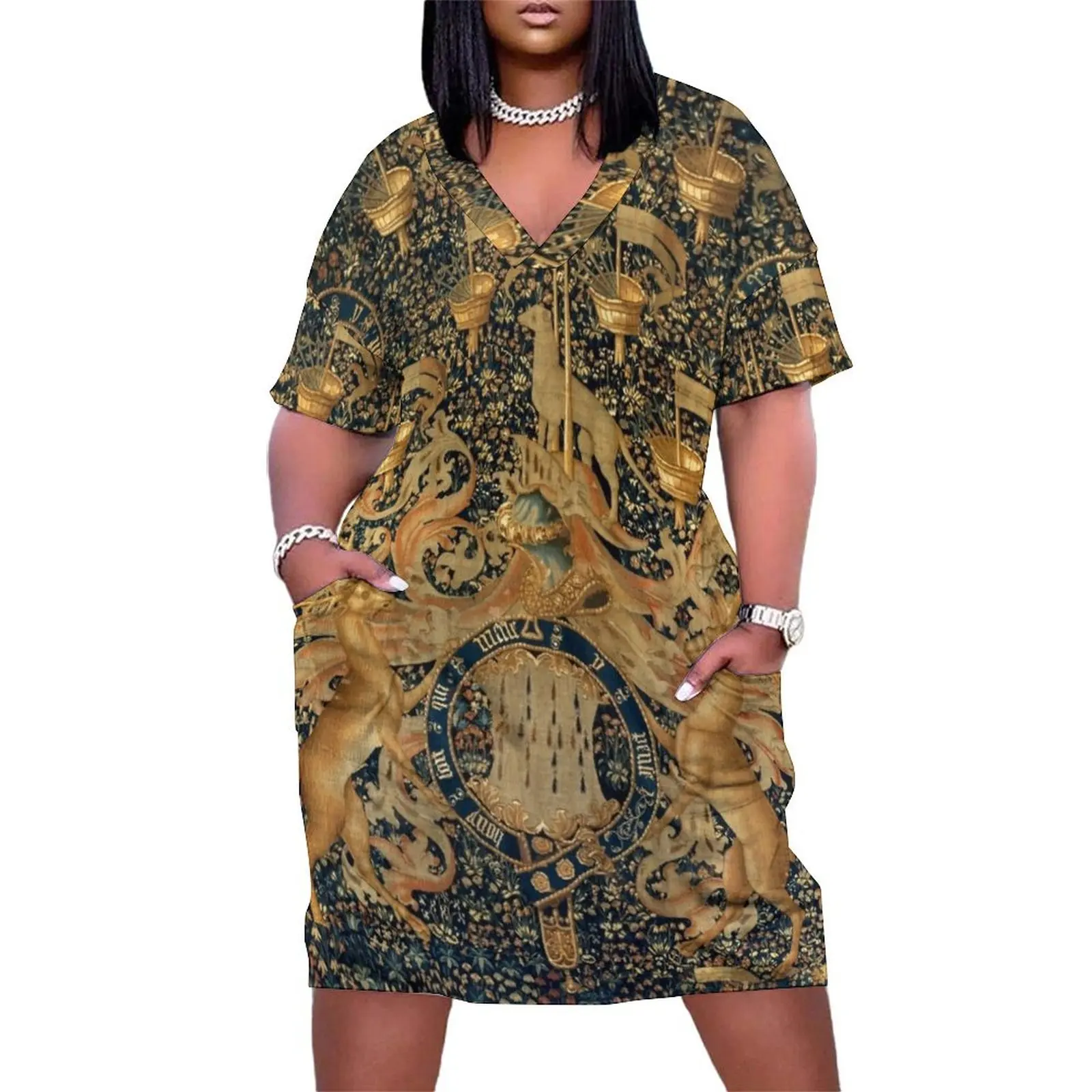 Gold Navy Blue Antique Heraldic Tapestry with Harts,Armorial Bearings Badges of John Loose Pocket Dress long sleeve dress
Gold Navy Blue Antique Heraldic Tapestry with Harts,Armorial Bearings Badges of John Loose Pocket Dress long sleeve dress