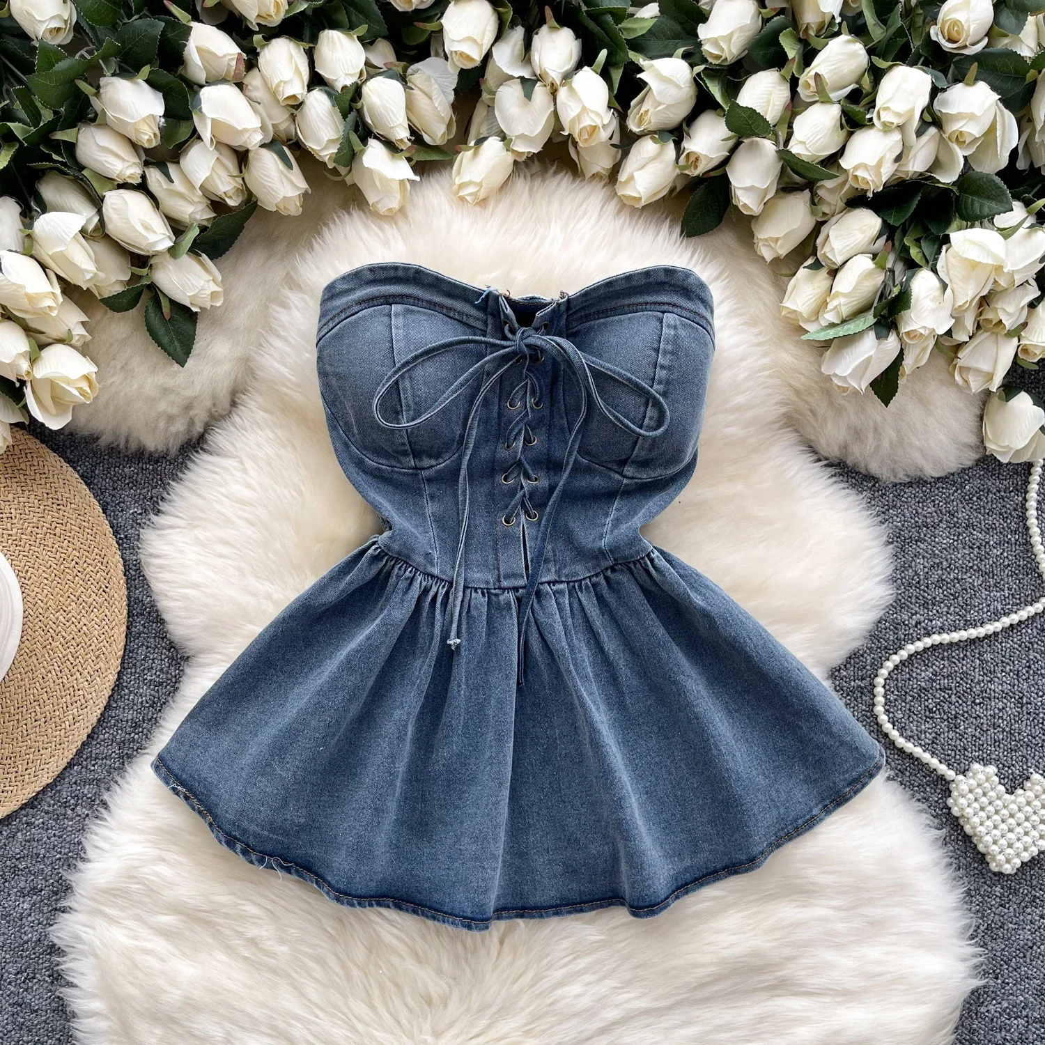 Women Vintage Chic Lace-up Ruffle Sleeveless Cowboy Tank Top Slim Camis Sexy Korean Fashion Tube Top Summer Women Crop Top
Women Vintage Chic Lace-up Ruffle Sleeveless Cowboy Tank Top Slim Camis Sexy Korean Fashion Tube Top Summer Women Crop Top