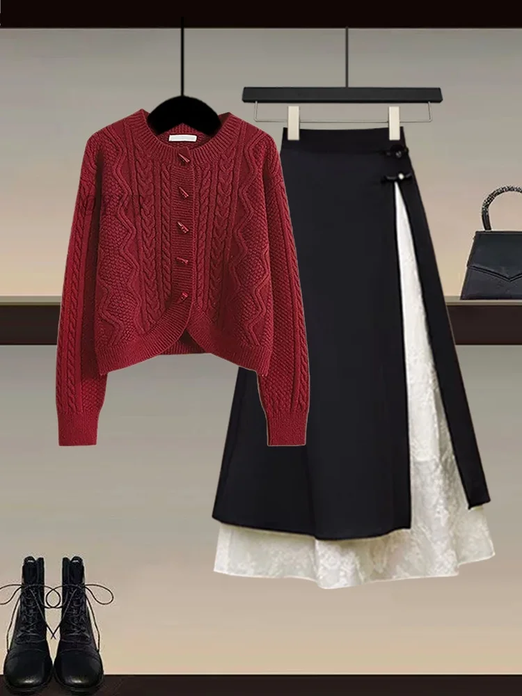 New Winter Vintage Red Knitted Sweater Cardigan Coat New Year Set Chinese Patchwork Skirt Two Piece Set Women's Faion
New Winter Vintage Red Knitted Sweater Cardigan Coat New Year Set Chinese Patchwork Skirt Two Piece Set Women's Faion