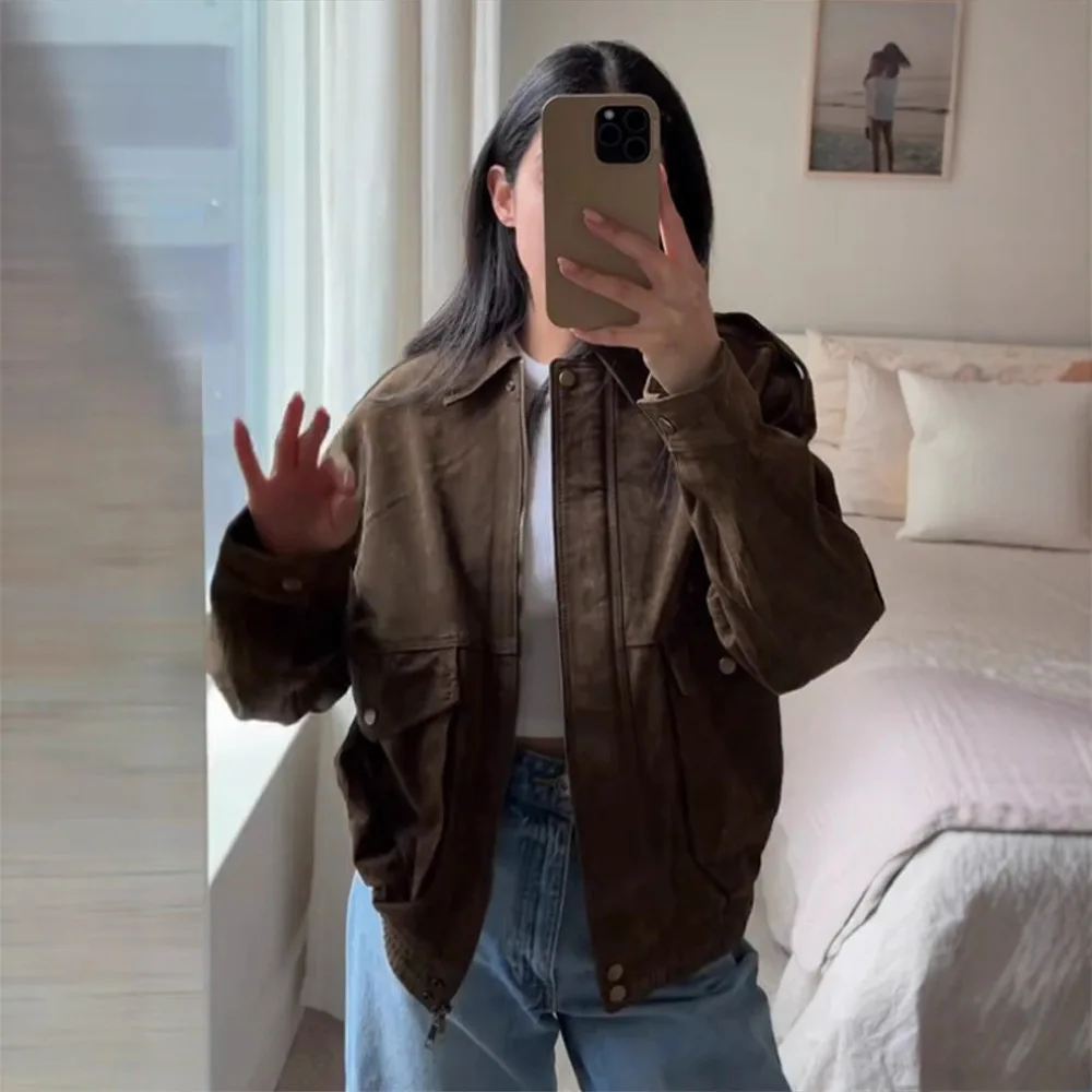 2025 весенне-осенняя новая женская замшевая короткая куртка коричневого цвета в стиле ретро, облегающая универсальная модная элегантная верхняя одежда, топ