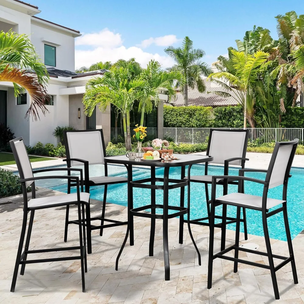 5 Piece Patio high Bar Set, All Weather Metal Textilene Patio Dining Set High Bar Stools Chair of 4 and High Bar Glass Table, O
5 Piece Patio high Bar Set, All Weather Metal Textilene Patio Dining Set High Bar Stools Chair of 4 and High Bar Glass Table, O