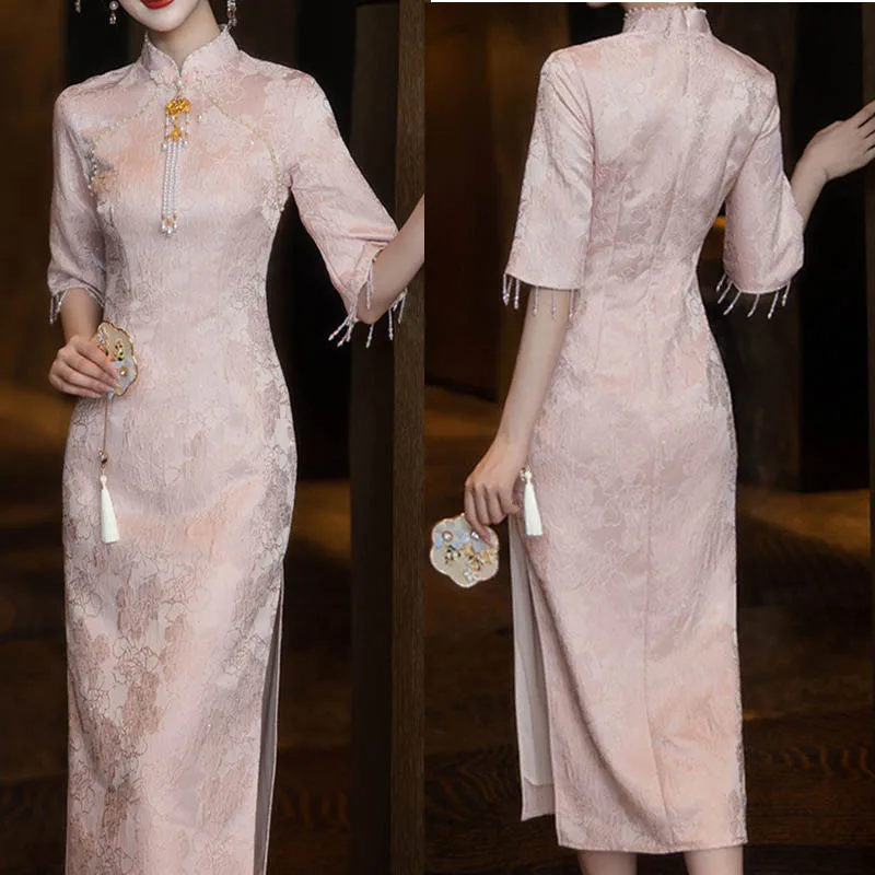 New Chinese Style Dress Women Beads Bride Wedding Dress Pink Jacquard Cheongsam Celebrity Banquet Gown Vestidos De Festa
New Chinese Style Dress Women Beads Bride Wedding Dress Pink Jacquard Cheongsam Celebrity Banquet Gown Vestidos De Festa