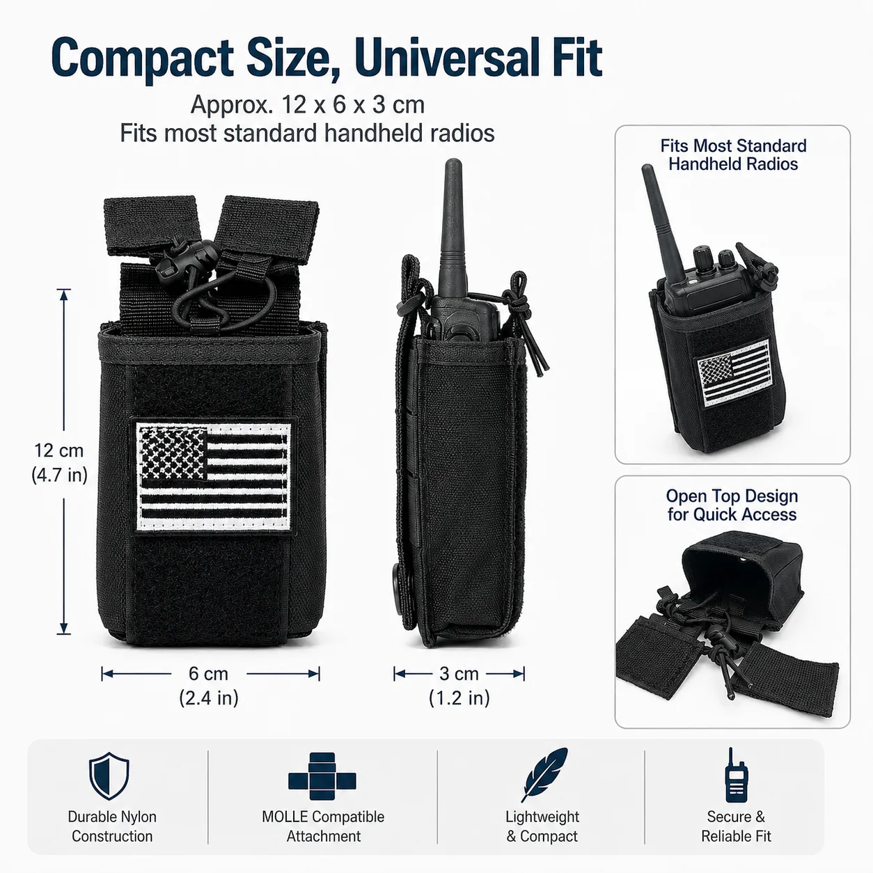 Tactical Radio MOLLE Pouch with 2 US Flag Patches, Heavy Duty Nylon Walkie Talkie Holder with Adjustable Bungee Cord for Baofeng
Tactical Radio MOLLE Pouch with 2 US Flag Patches, Heavy Duty Nylon Walkie Talkie Holder with Adjustable Bungee Cord for Baofeng