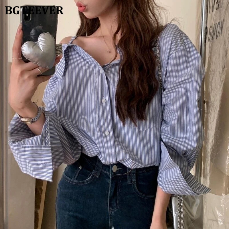 BGTEEVER Chic Stylish Ladies Off-the-Shoulder Blouses Tops Spring Long Sleeve Loose Female Single-breasted Striped Shirts
BGTEEVER Chic Stylish Ladies Off-the-Shoulder Blouses Tops Spring Long Sleeve Loose Female Single-breasted Striped Shirts