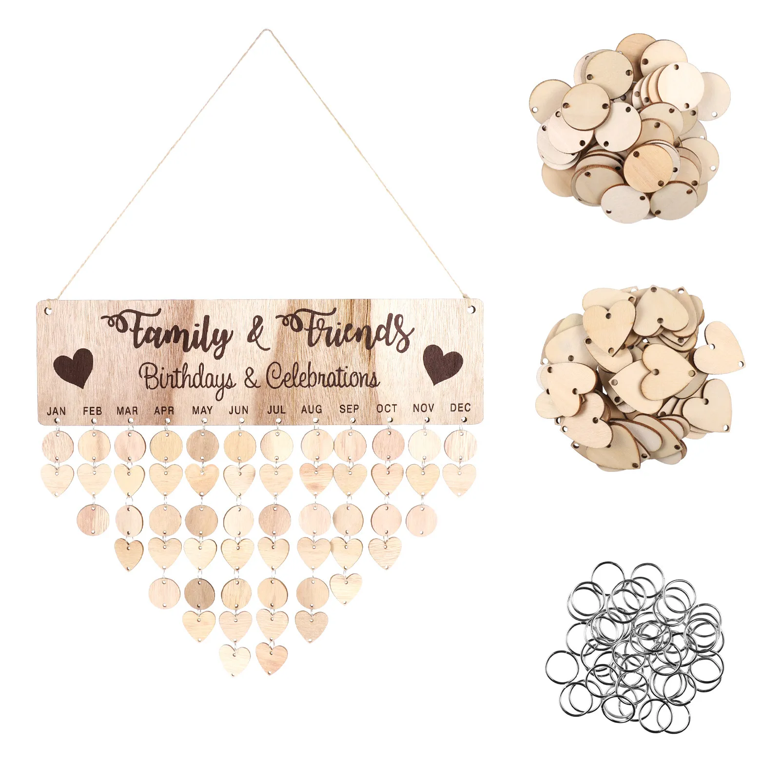 12 Months Wooden Calendar Hanging DIY Reminder Plaque with 50 Round 50 Heart Slices for Tracking Dates Wall Decor Vintage Style
12 Months Wooden Calendar Hanging DIY Reminder Plaque with 50 Round 50 Heart Slices for Tracking Dates Wall Decor Vintage Style