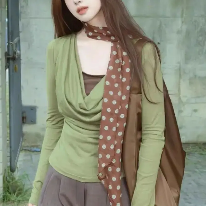 Contrasting Colors Patchwork Pullovers Women's Clothing Korean Swinging Collar Autumn Fake Two Pieces Stylish Ribbon T-shirts
Contrasting Colors Patchwork Pullovers Women's Clothing Korean Swinging Collar Autumn Fake Two Pieces Stylish Ribbon T-shirts