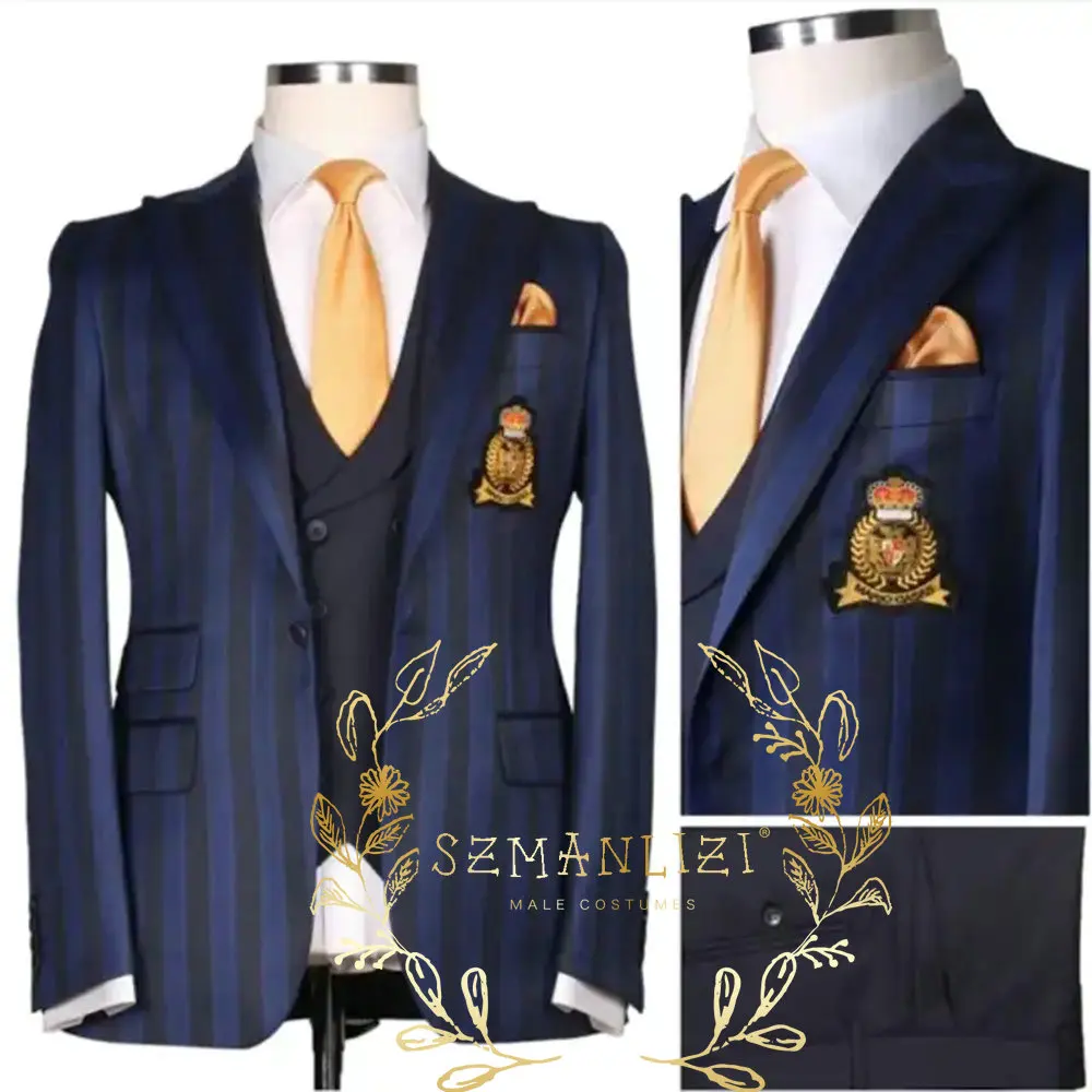 Navy Blue Striped Suits For Men Peaked Lapel Bridegroom Wedding Male Blazer Skinny Costume Homme 3 Piece Set (Jacket+Vest+Pant)
Navy Blue Striped Suits For Men Peaked Lapel Bridegroom Wedding Male Blazer Skinny Costume Homme 3 Piece Set (Jacket+Vest+Pant)