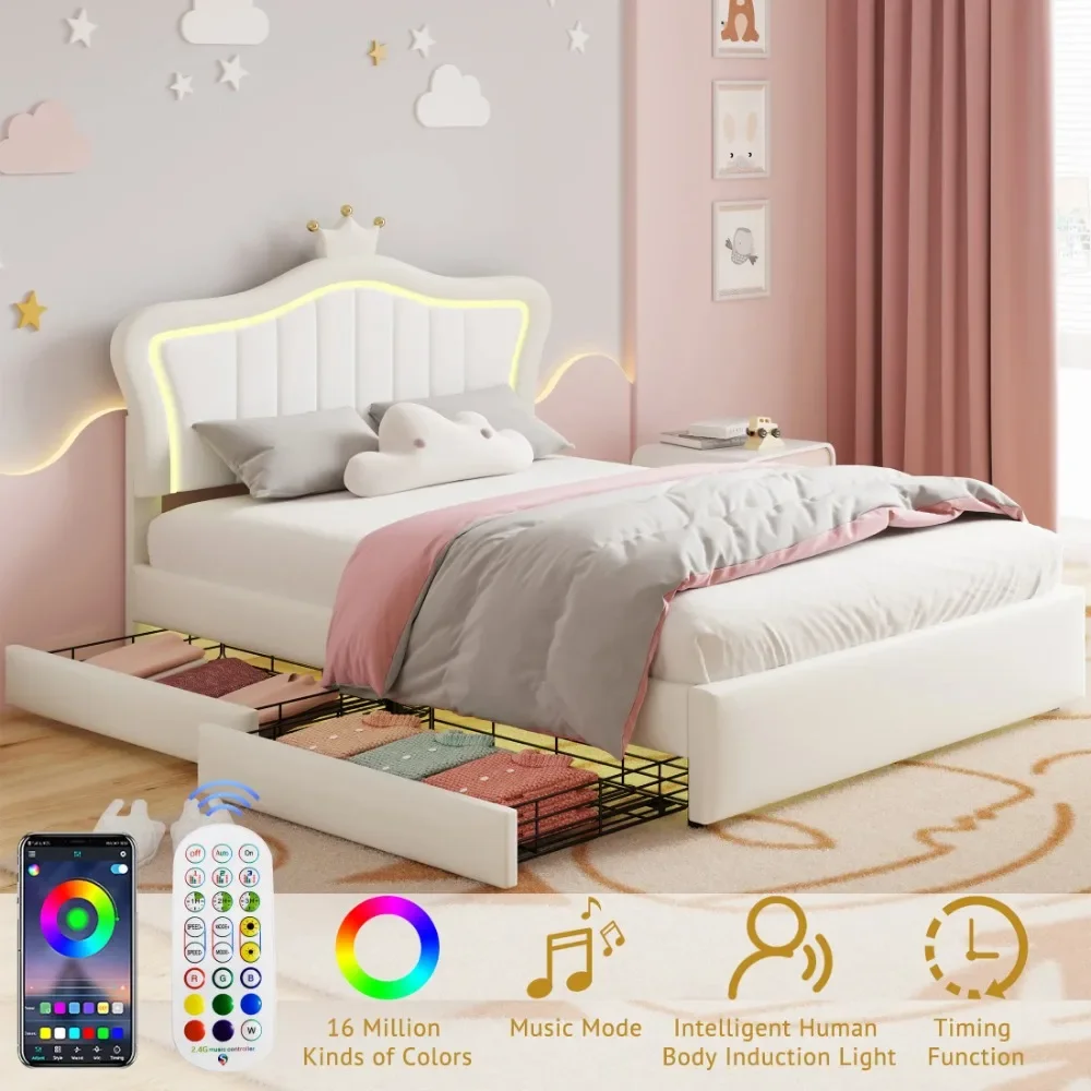Full Size LED Bed Frame with Drawers, PU Upholstered Bed, Princess Platform Beds with Adjustable Crown Headboard for Kids
Full Size LED Bed Frame with Drawers, PU Upholstered Bed, Princess Platform Beds with Adjustable Crown Headboard for Kids