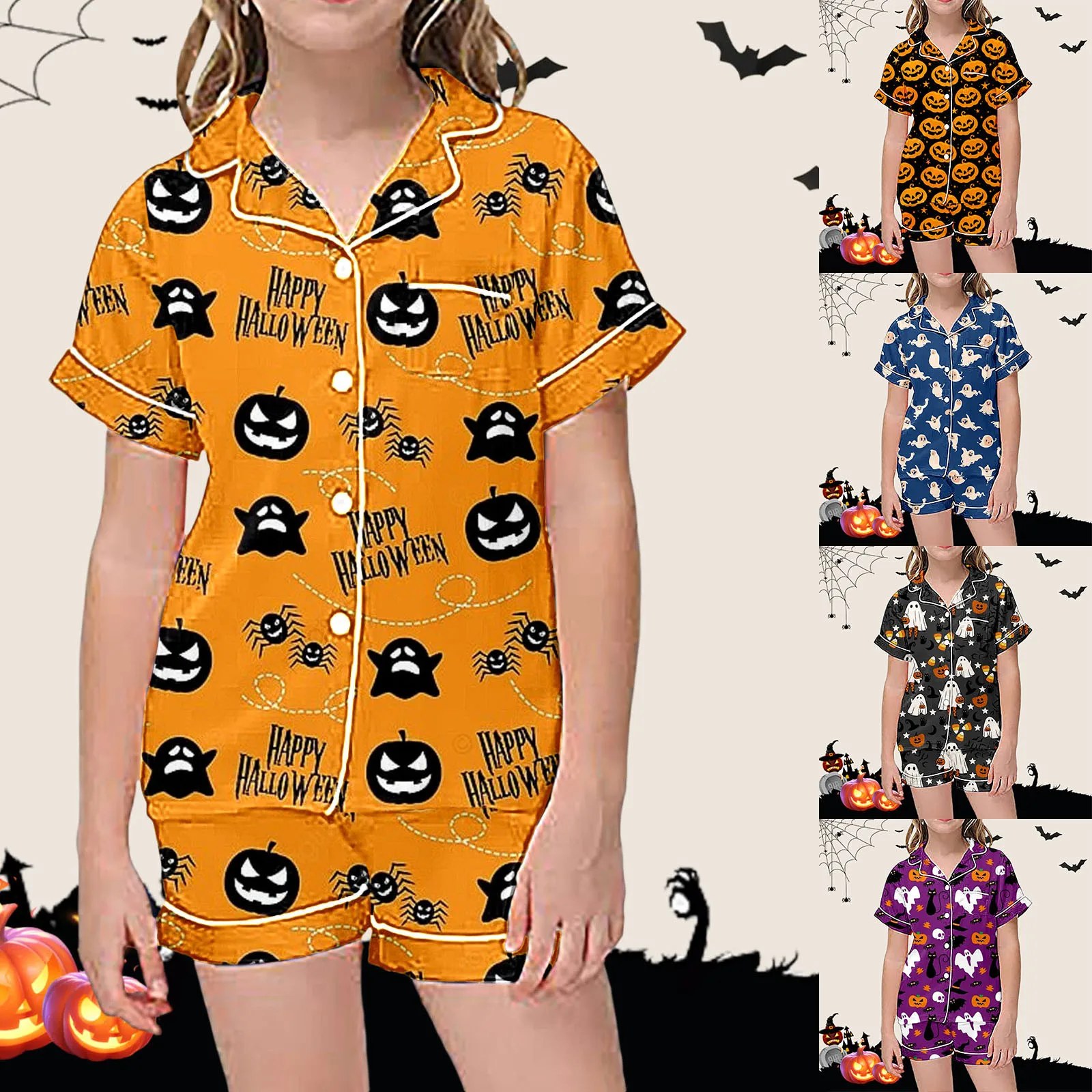 Halloween Kids Polyester Pajama Set Baby Boys Girls Silk Satin Cardigan Short Sleeve+Shorts Sets Children Casual Home Sleepwear
Halloween Kids Polyester Pajama Set Baby Boys Girls Silk Satin Cardigan Short Sleeve+Shorts Sets Children Casual Home Sleepwear