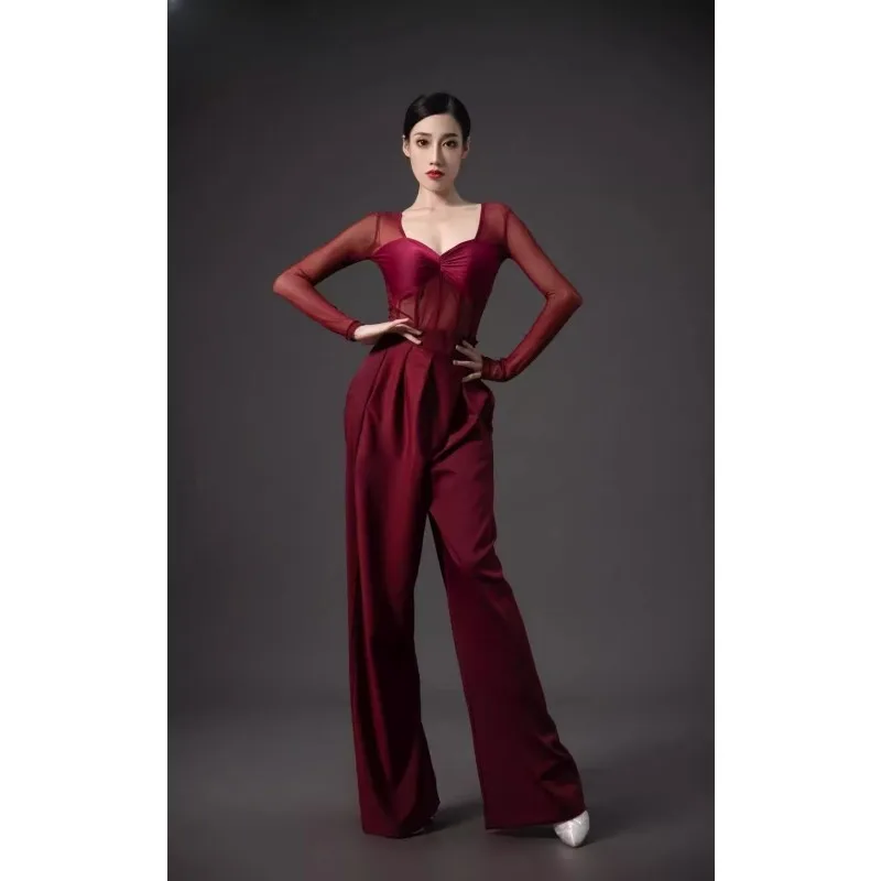 customized Latin dance bodysuit long sleeved collar top with mesh splicing jumpsuit for women black and blue modern dance dress
customized Latin dance bodysuit long sleeved collar top with mesh splicing jumpsuit for women black and blue modern dance dress