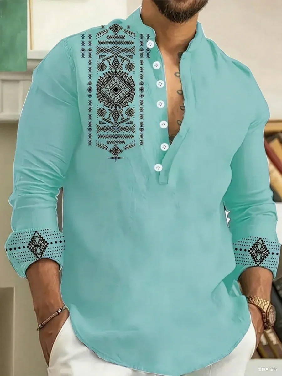 New fashionable 7-button men's long-sleeved shirt, button-down shirt, loose Henry V-neck beach top, T-shirt, high-quality materi
New fashionable 7-button men's long-sleeved shirt, button-down shirt, loose Henry V-neck beach top, T-shirt, high-quality materi