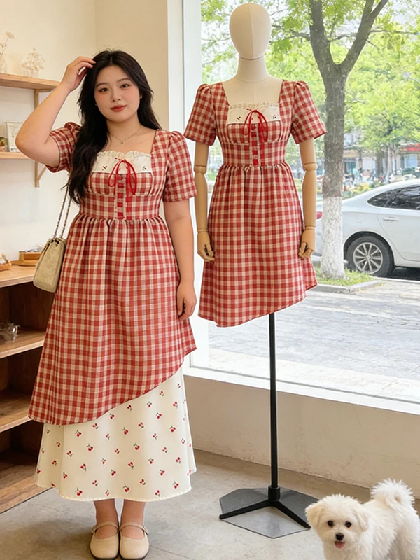 plus Size Red Plaid Lace Splicing Cherry Floral Dress Women's Summer New Style Slimming Square Collar Short Sleeve Dress
plus Size Red Plaid Lace Splicing Cherry Floral Dress Women's Summer New Style Slimming Square Collar Short Sleeve Dress