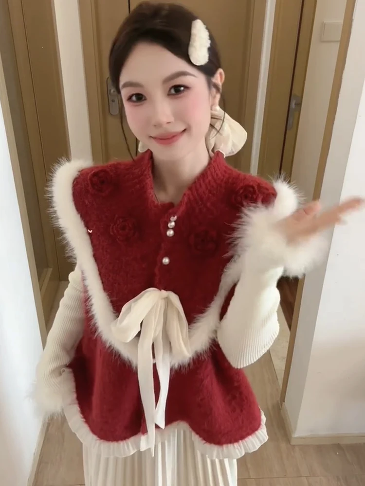 Red Knot Sweater Vest Women's Autumn Winter Outerwear No Sleeve Top Korean Design Sense 3D Flower Knot
Red Knot Sweater Vest Women's Autumn Winter Outerwear No Sleeve Top Korean Design Sense 3D Flower Knot