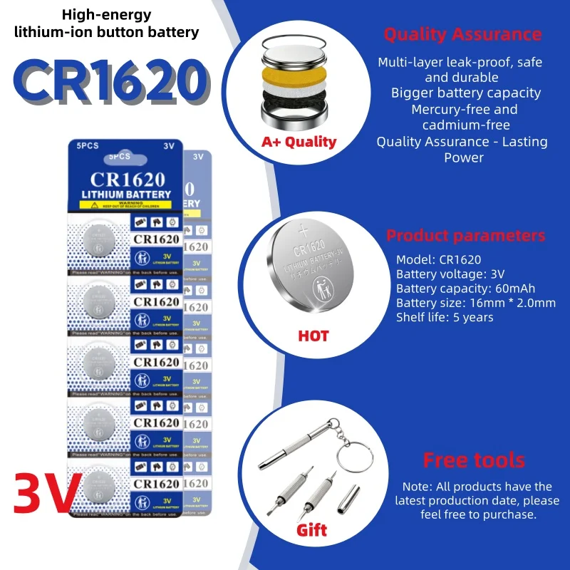 CR1620 Battery CR 1620 3V Button Battery for Watch Car Remote Control Calculator Scales Shavers DL1620 BR1620 Lithium Coin Cells
CR1620 Battery CR 1620 3V Button Battery for Watch Car Remote Control Calculator Scales Shavers DL1620 BR1620 Lithium Coin Cells