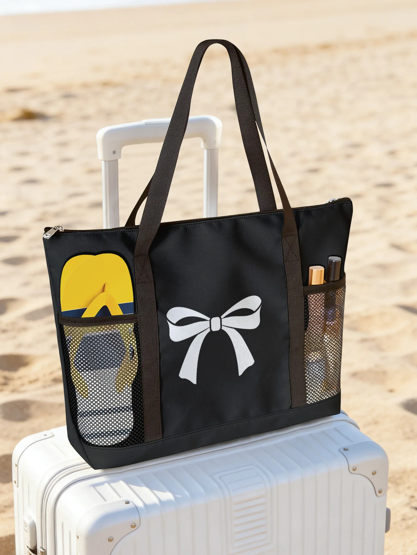 White Bow Print Black Beach Tote Bag Mesh Side Pocket Zipper Waterproof Travel Shoulder Bag
White Bow Print Black Beach Tote Bag Mesh Side Pocket Zipper Waterproof Travel Shoulder Bag