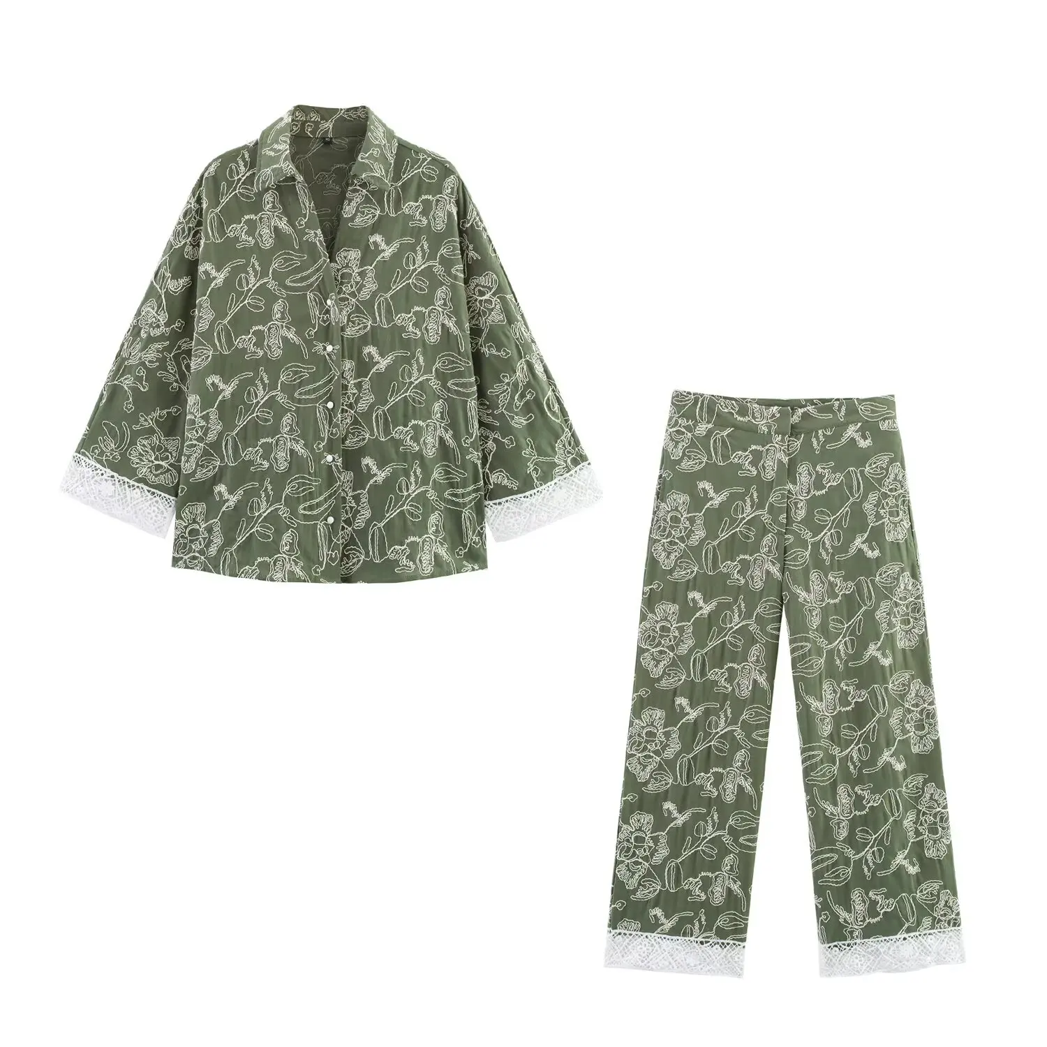 Women's new fashion lace decoration loose Button-up embroidery shirt retro long sleeved women's shirt chic top+Pants suit
Women's new fashion lace decoration loose Button-up embroidery shirt retro long sleeved women's shirt chic top+Pants suit