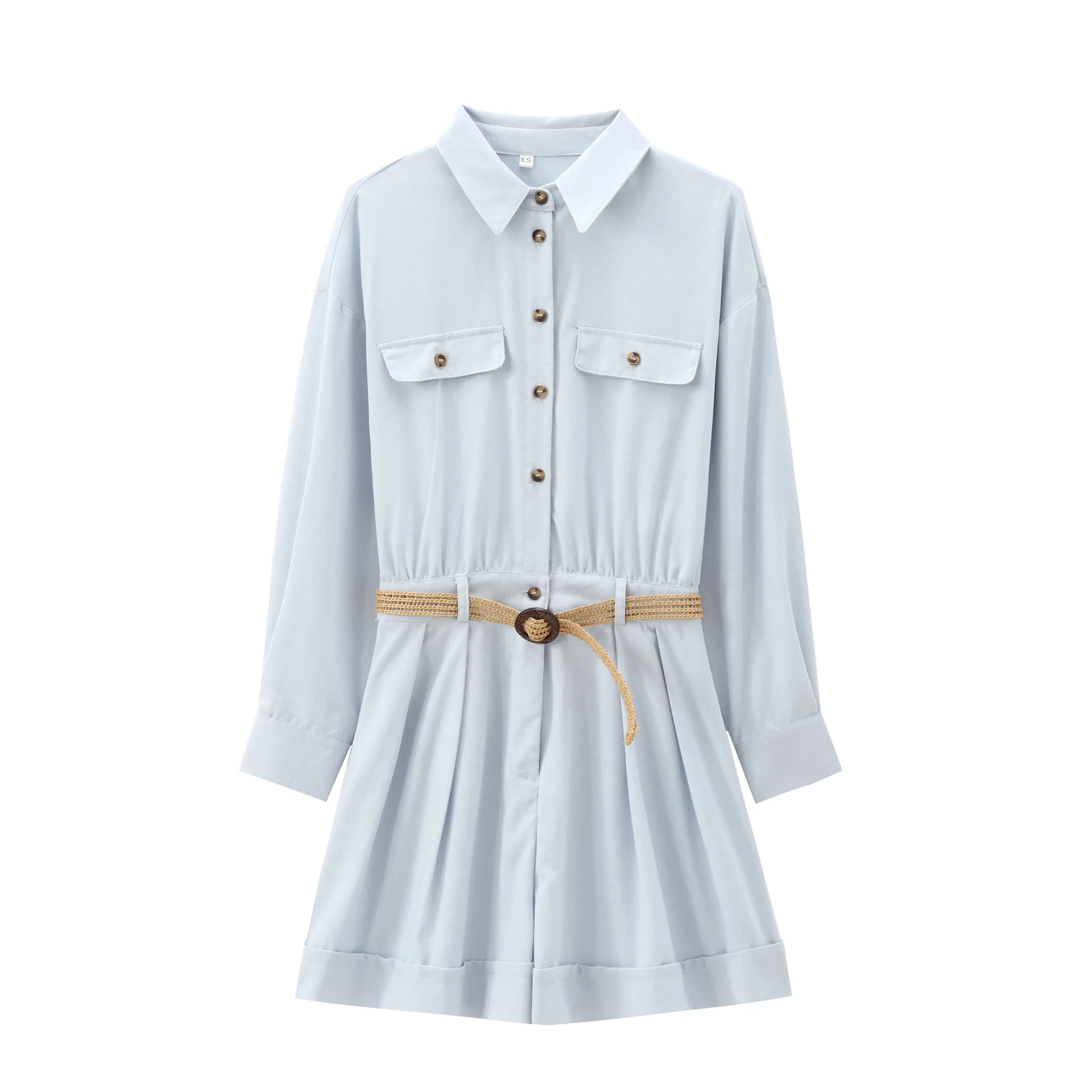 2025 Autumn New Light Blue Women's Jumpsuit Lapel Pocket With Belt Decoration Playsuit Casual Vacation Short Romper
2025 Autumn New Light Blue Women's Jumpsuit Lapel Pocket With Belt Decoration Playsuit Casual Vacation Short Romper