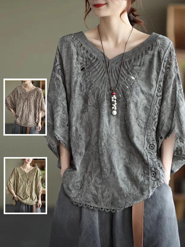 Artistic Fashion Splicing Hollow out Batwing Sleeve V-Neck Casual Versatile Cover up Summer T-Shirt for plus Size Women
Artistic Fashion Splicing Hollow out Batwing Sleeve V-Neck Casual Versatile Cover up Summer T-Shirt for plus Size Women