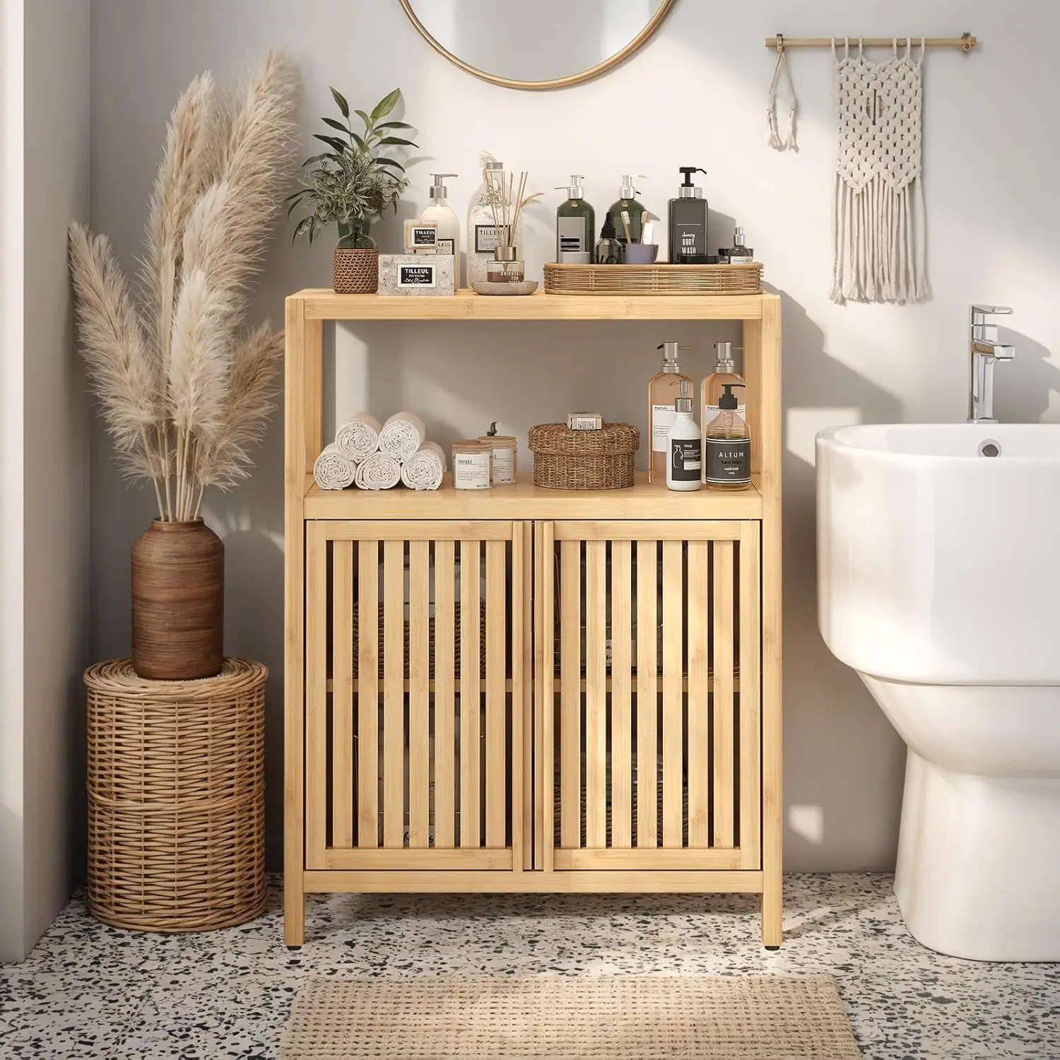 Bamboo Bathroom Floor Cabinet Storage Organizer 2 Louvered Doors Open Shelf Freestanding Entryway Natural, Customized
Bamboo Bathroom Floor Cabinet Storage Organizer 2 Louvered Doors Open Shelf Freestanding Entryway Natural, Customized