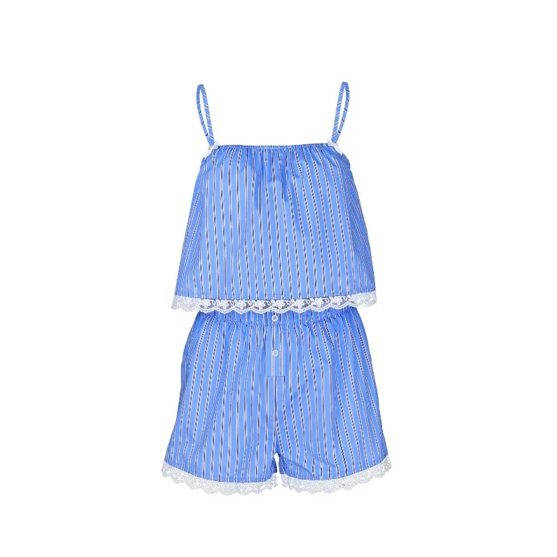 Spliced Lace Suspender Shorts Two-piece Loungewear Europe and The United States Summer New Brocade Cotton Striped Women's Pajama
Spliced Lace Suspender Shorts Two-piece Loungewear Europe and The United States Summer New Brocade Cotton Striped Women's Pajama