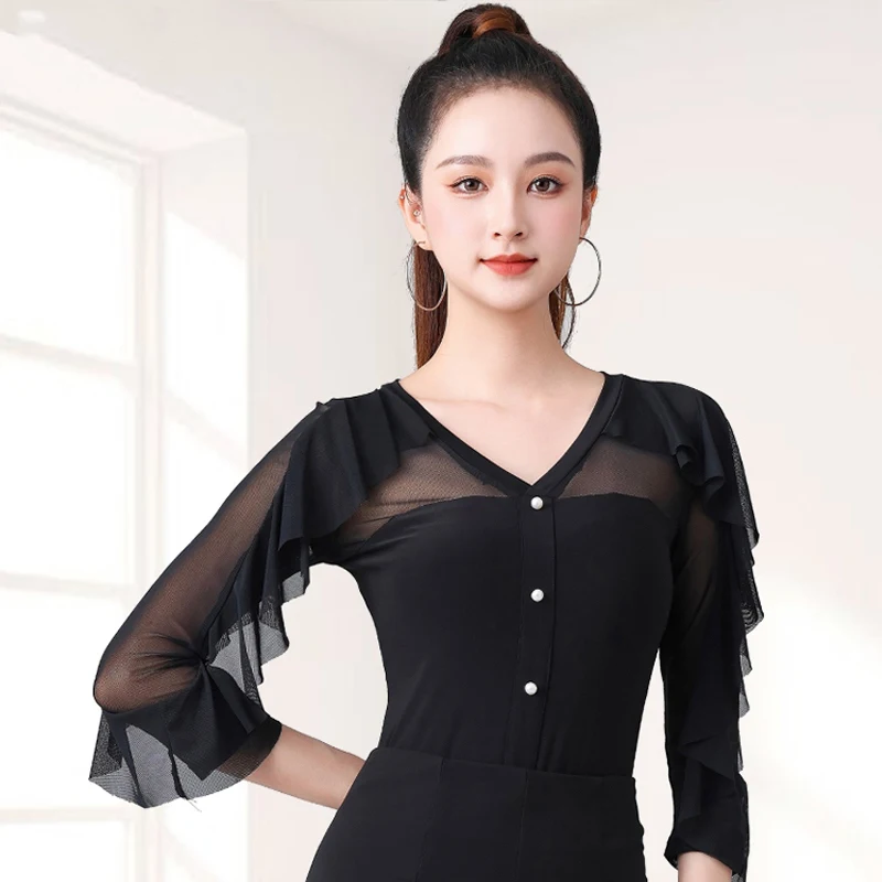 Black Ruffled Sleeves Ballroom Dance Tops Women'S Rumba Tango Modern Dancing Top Adults Latin Dance Practice Wear DW10814
Black Ruffled Sleeves Ballroom Dance Tops Women'S Rumba Tango Modern Dancing Top Adults Latin Dance Practice Wear DW10814
