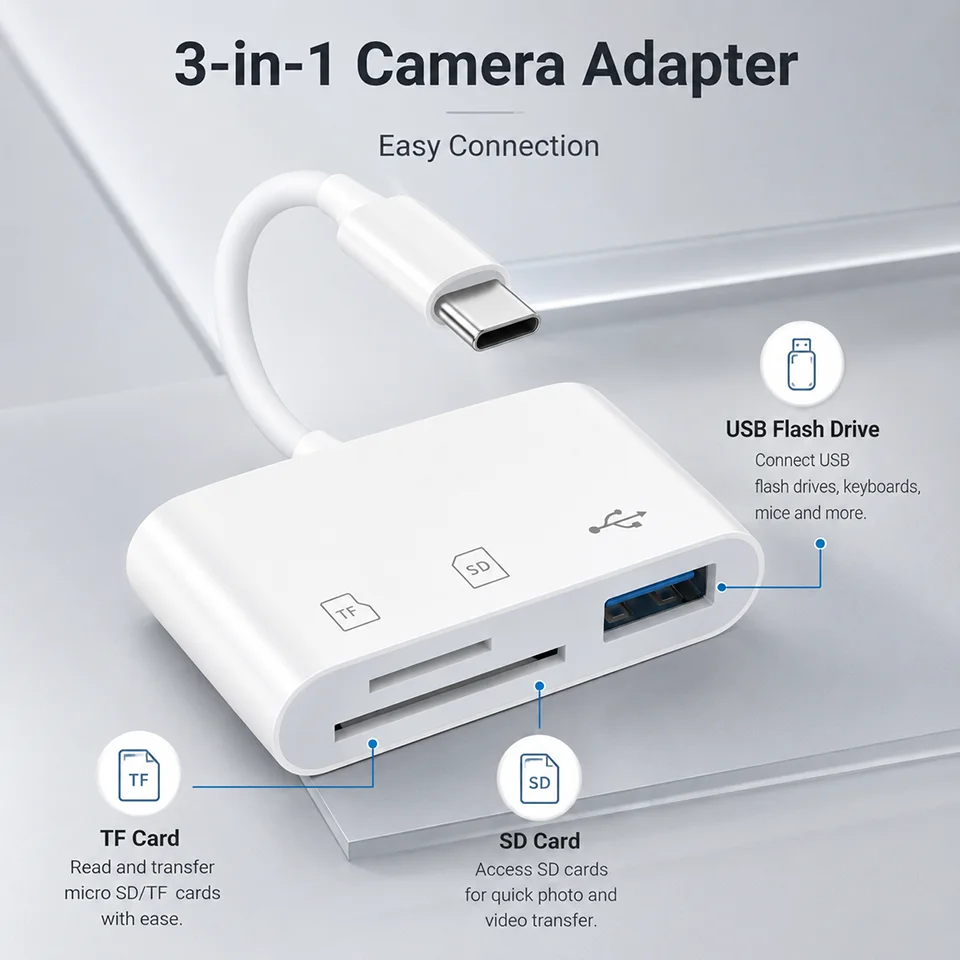 3 in 1 SD/Micro SD Card Reader for iPhone 17 16 15 Mac Digital Camera Adapter USB C OTG Card Reader with USB Port for Laptop
3 in 1 SD/Micro SD Card Reader for iPhone 17 16 15 Mac Digital Camera Adapter USB C OTG Card Reader with USB Port for Laptop