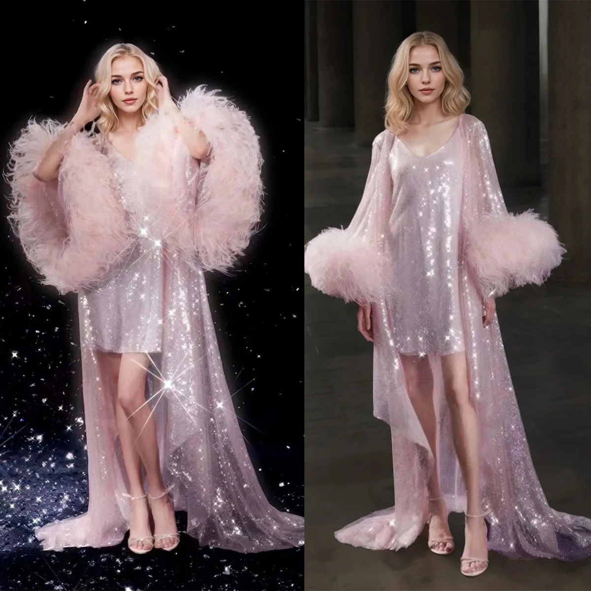 Sparkling Sheer Lace Women's Robe V-Neck Spaghetti Strap Sequins Feather Nightgown Lady Party Sleepwear Evening Dress Customized
Sparkling Sheer Lace Women's Robe V-Neck Spaghetti Strap Sequins Feather Nightgown Lady Party Sleepwear Evening Dress Customized