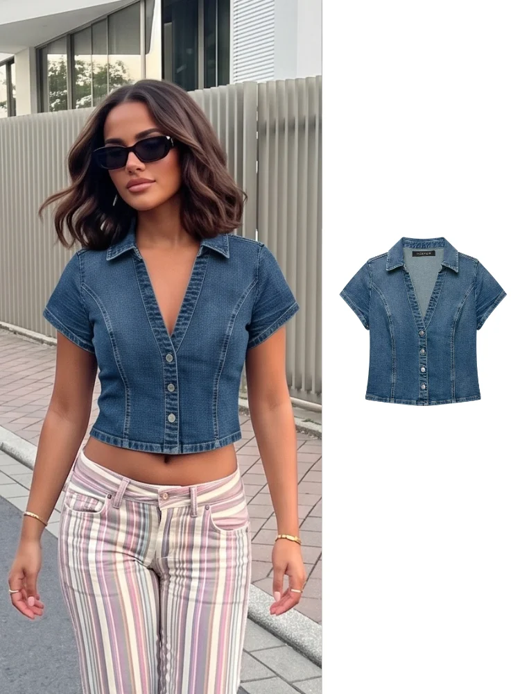 HH Dark Blue Cropped Denim Shirt Summer Lapel Deep V-Neck Short Sleeve Slim Fit Jean Blouse for Women Street Office Vacation
HH Dark Blue Cropped Denim Shirt Summer Lapel Deep V-Neck Short Sleeve Slim Fit Jean Blouse for Women Street Office Vacation