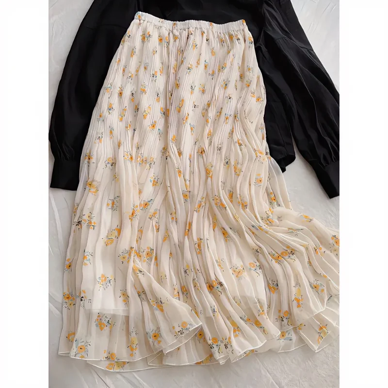 Women's Yellow Floral Print Chiffon Pleated Midi Skirt Elastic Waist Casual A Line Summer Flowy Skirt
Women's Yellow Floral Print Chiffon Pleated Midi Skirt Elastic Waist Casual A Line Summer Flowy Skirt