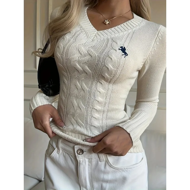 Осенний женский универсальный вязаный свитер с v-образным вырезом и вышивкой
Осенний женский универсальный вязаный свитер с v-образным вырезом и вышивкой