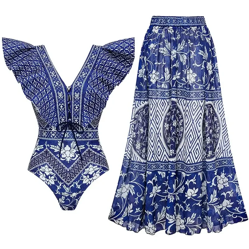 Blue Printed One Piece Swimsuit Set for Women, V Neck, Ruffle, Vacation Swimwear, Beachwear, Bathing Suit, Monokini, 2024
Blue Printed One Piece Swimsuit Set for Women, V Neck, Ruffle, Vacation Swimwear, Beachwear, Bathing Suit, Monokini, 2024