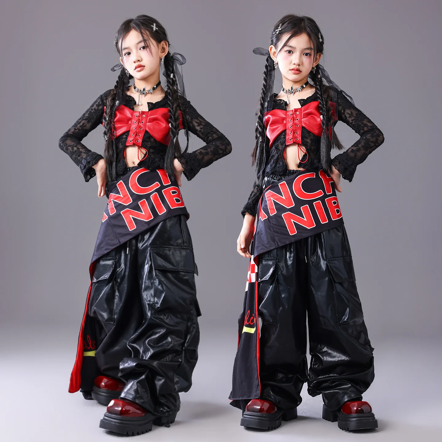 Kid Kpop Hip Hop Clothing Black Lace Red Bow Tie Crop T Shirt Faux Leather Striped Cargo Pants for Girls Dance Costumes Clothes
Kid Kpop Hip Hop Clothing Black Lace Red Bow Tie Crop T Shirt Faux Leather Striped Cargo Pants for Girls Dance Costumes Clothes